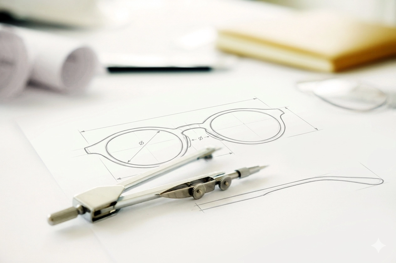 Technical eyeglass frame sketch with measurement marks and a drafting compass on white — Auraview design and manufacturing